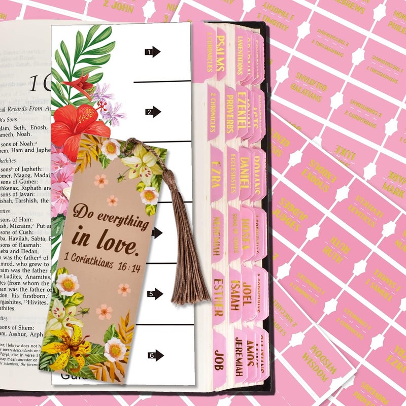 Cualfec Bible Index Tabs New & Old Testament Tabs Matte Laminated Floral Design, Bible Journaling Supplies - 122 Pcs (Pink- Gold Foil) - Image 1